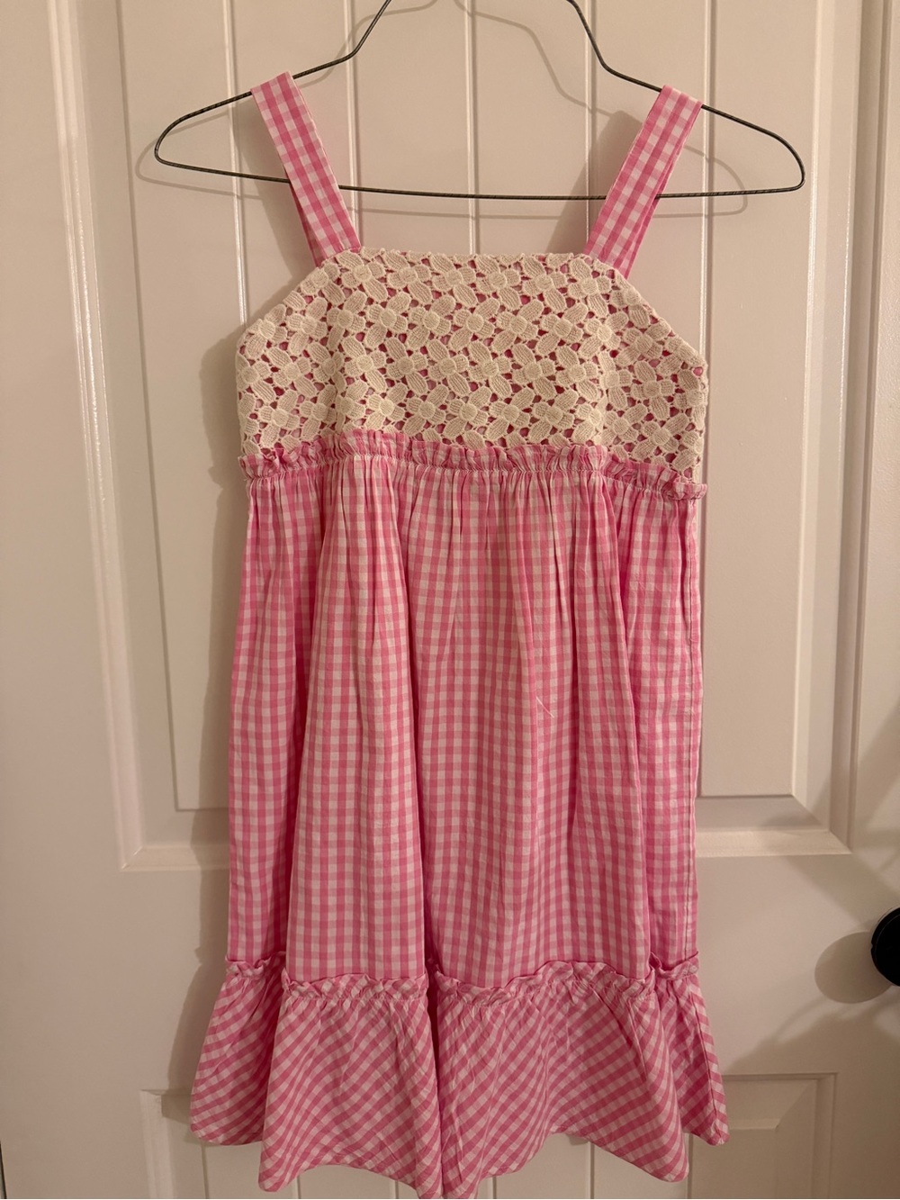 NWT Crown & Ivy Pink Gingham Smocked girls size 10 Sundress ivory lace